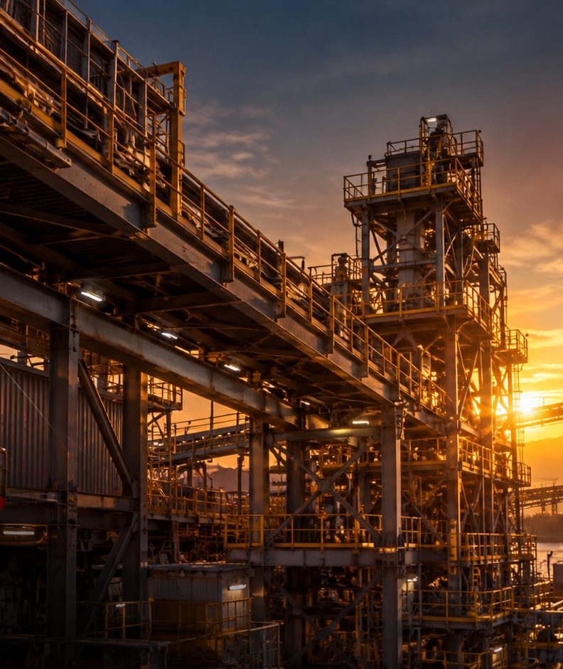 Planta industrial con cintas transportadoras al atardecer